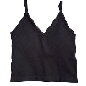 Streetwear Society Women's Black Ribbed Lace Trim Cropped Cami Top Size Small